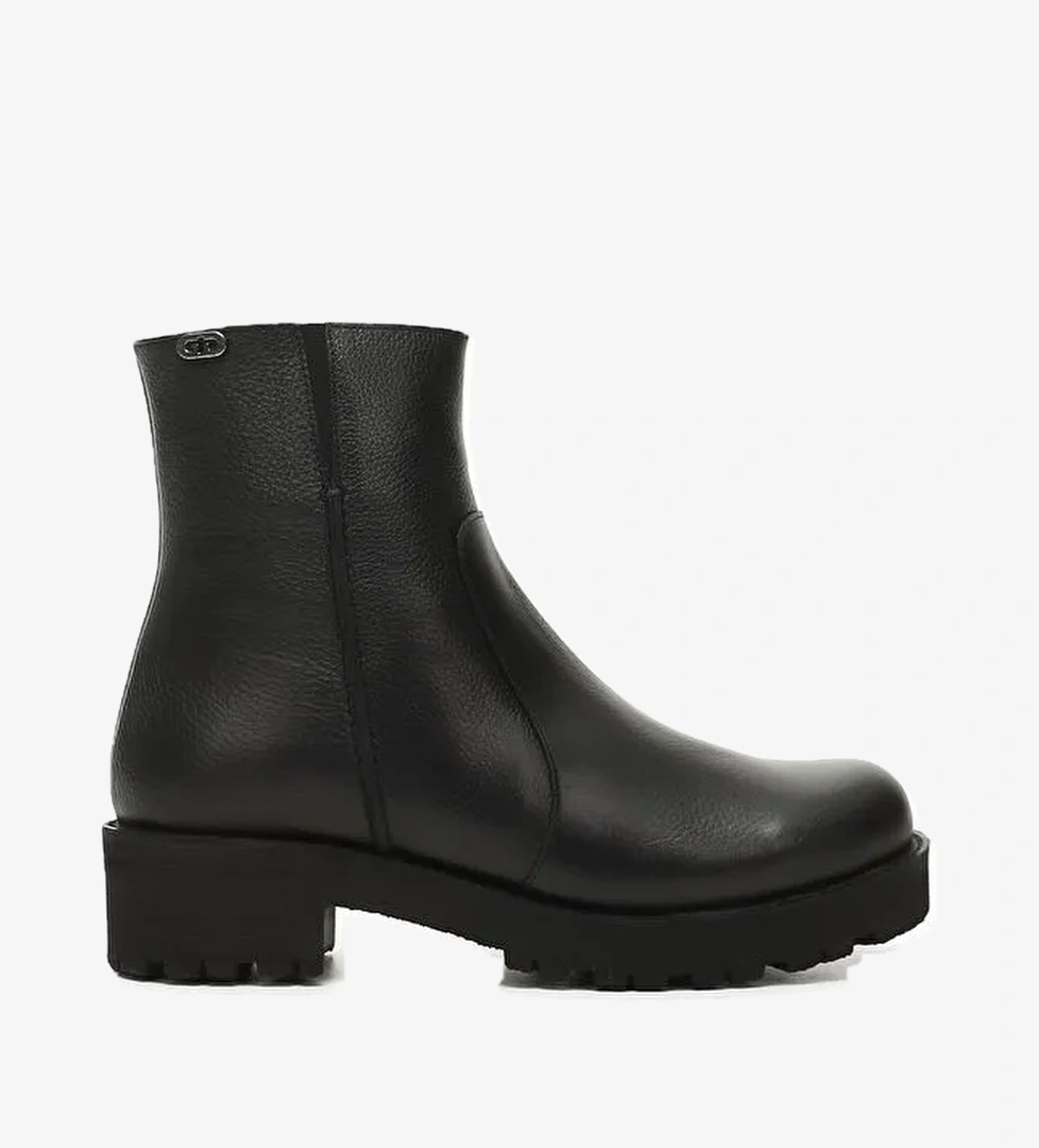 KOYU SİYAH Hakiki Deri Yuvarlak Burun Topuklu Kauçuk Taban Fermuarlı Kadın Günlük Bot 52421 - Görsel 1