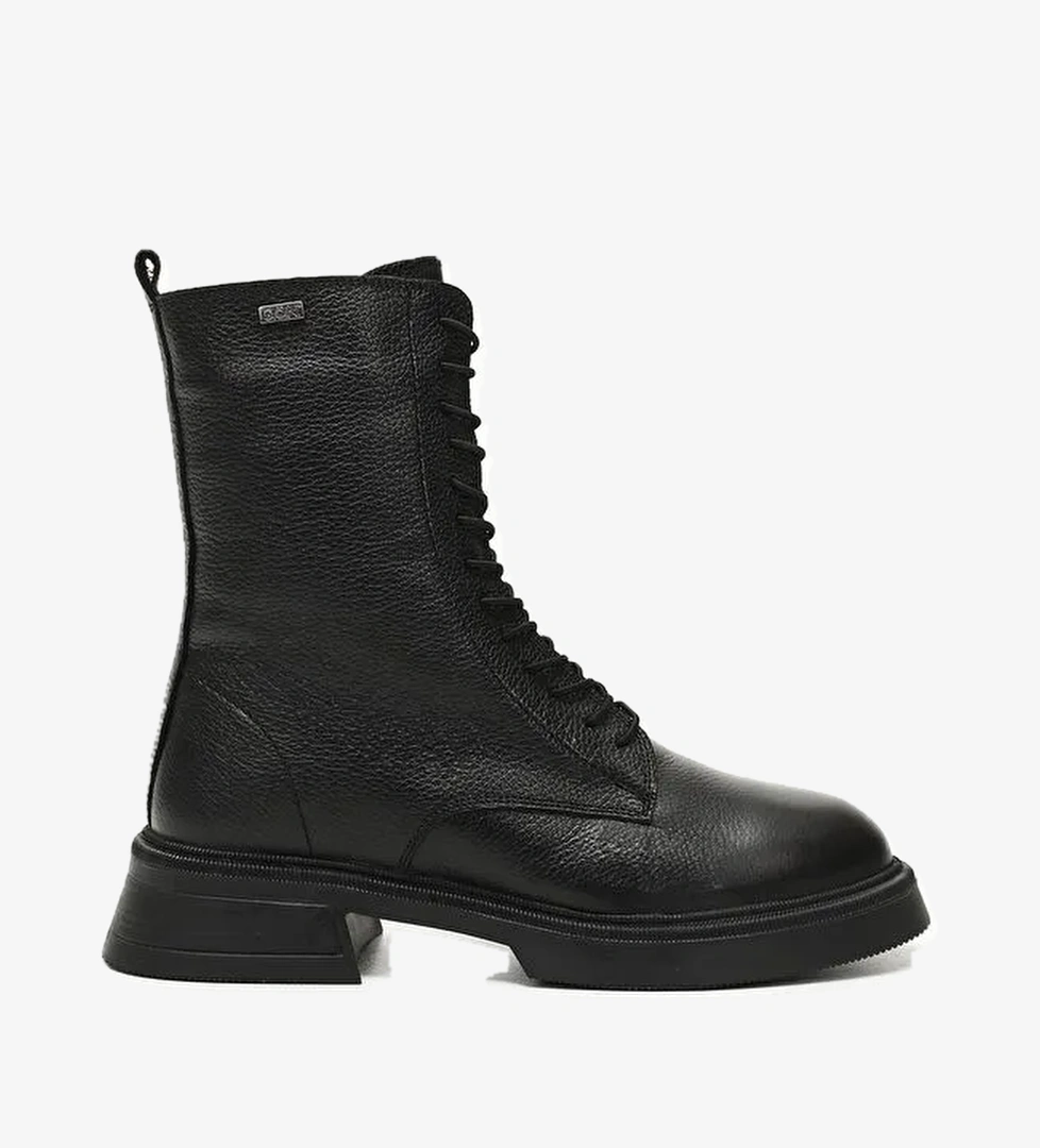 KOYU SİYAH Hakiki Deri Yuvarlak Burun Termo Taban Bağcıklı Fermuarlı Kadın Postal Bot 51455 - Görsel 1