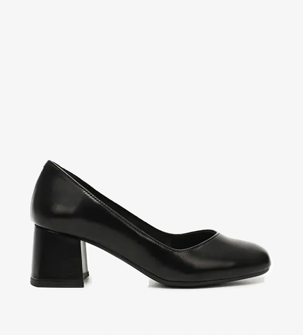 KOYU SİYAH Hakiki Deri Orta Kalın Topuklu Kadın Ayakkabı 24226