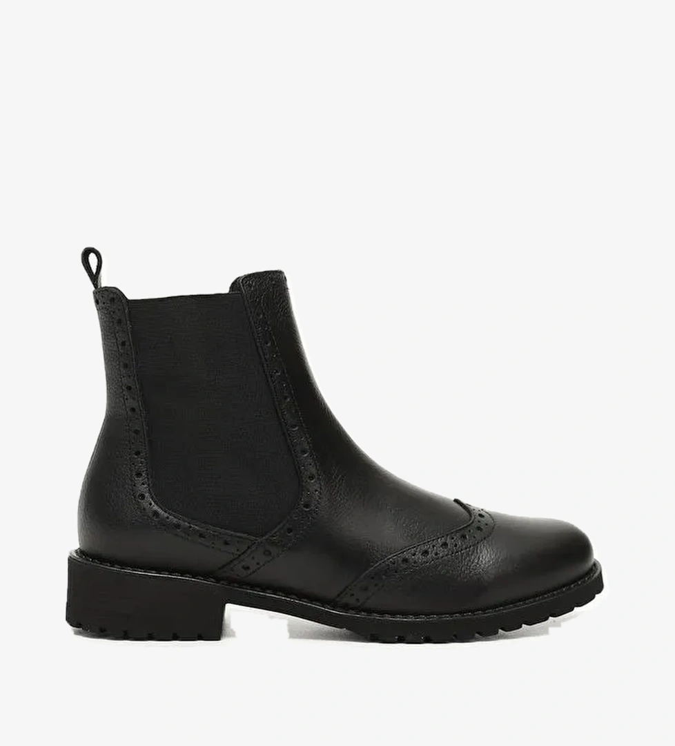 KOYU SİYAH Hakiki Deri Yuvarlak Burun Kauçuk Taban Topuklu Kadın Günlük Chelsea Bot 48443