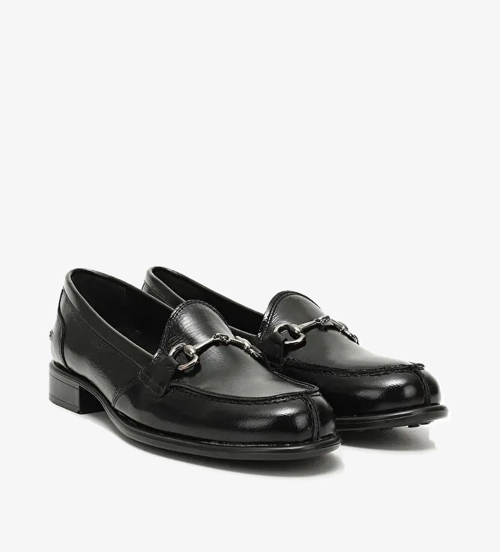 KOYU SİYAH Hakiki Deri Yuvarlak Burun Loafer Tokalı Kadın Günlük Ayakkabı 24210