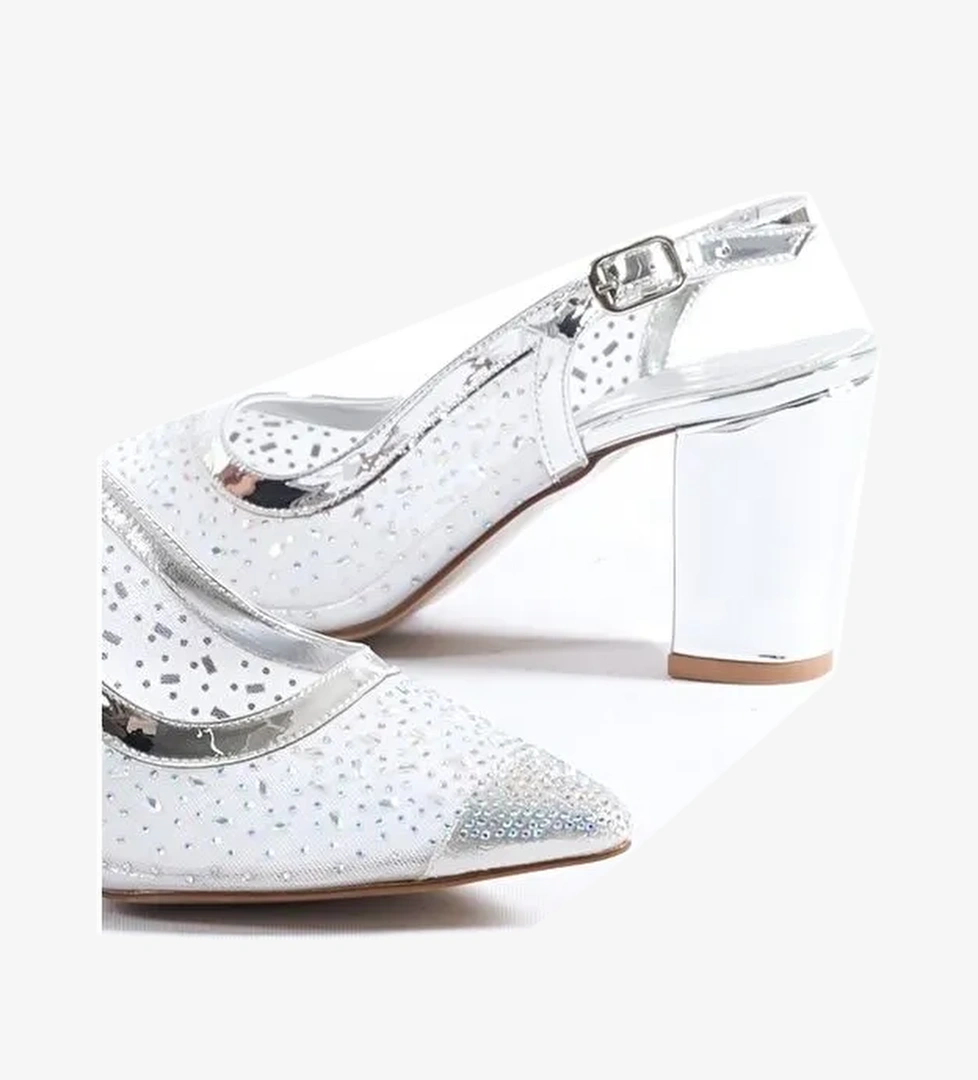 145 Kadın Topuklu Taşlı Arkası Açık Ayakkabı