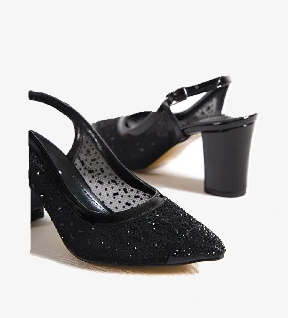 145 Kadın Topuklu Taşlı Arkası Açık Ayakkabı