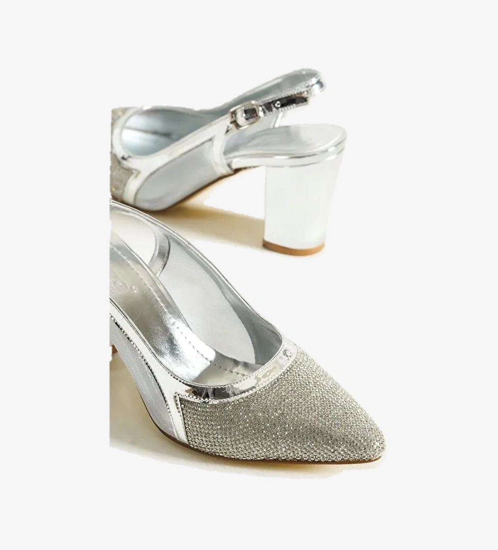 750 Kadın Topuklu Taşlı Fileli Arkası Açık Ayakkabı