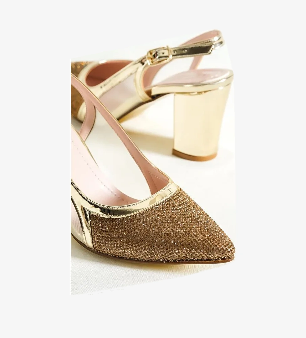 750 Kadın Topuklu Taşlı Fileli Arkası Açık Ayakkabı