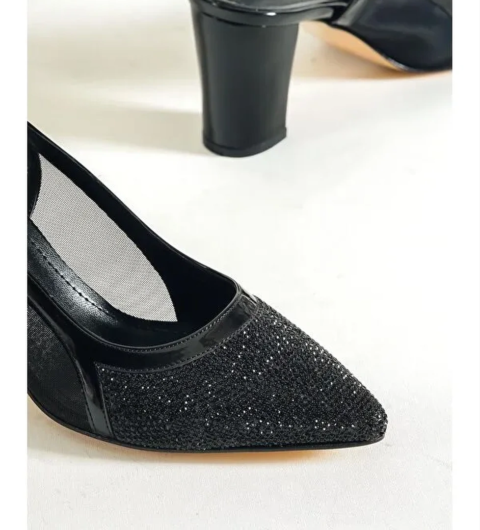 750 Kadın Topuklu Taşlı Fileli Arkası Açık Ayakkabı - Görsel 1