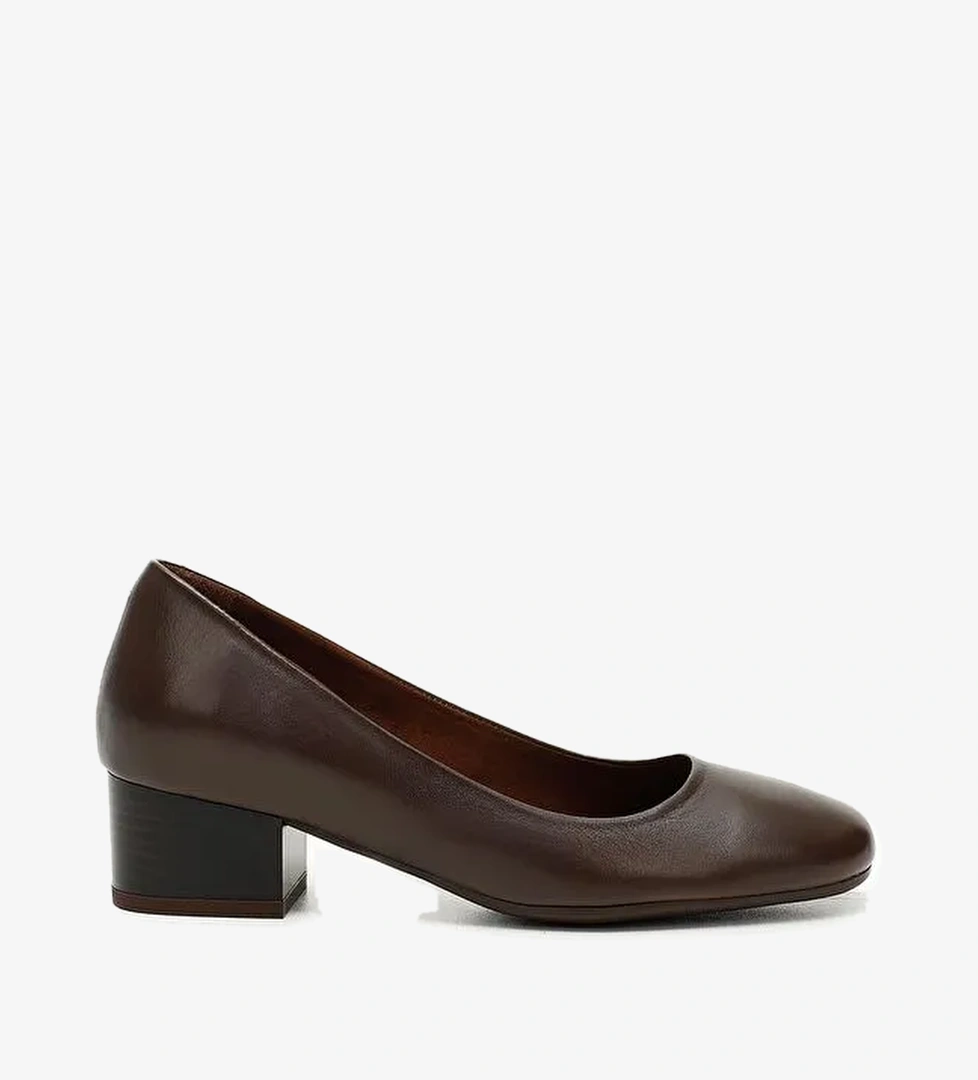 KOYU KAHVE Hakiki Deri Yuvarlak Burun Kısa Kalın Topuklu Kadın Ayakkabı 24100