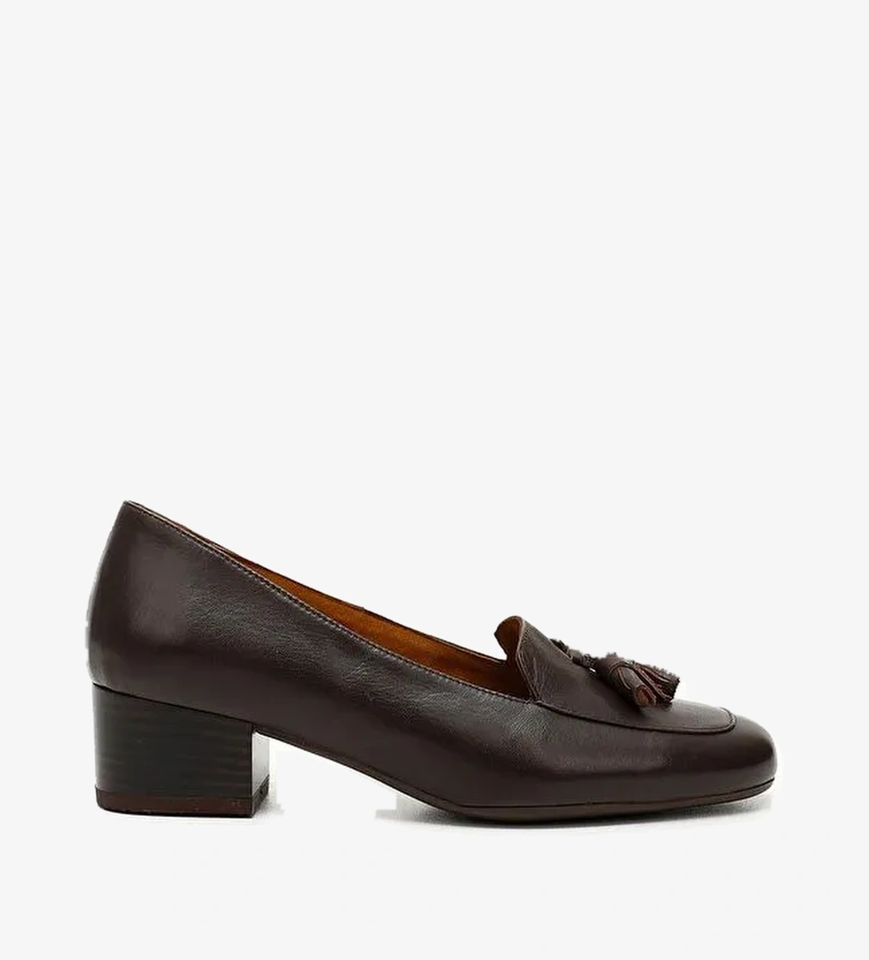 KOYU KAHVE Hakiki Deri Küt Burun Kısa Kalın Topuklu Püsküllü Kadın Ayakkabı 13313