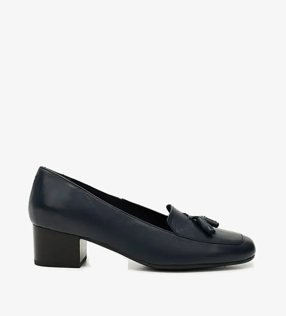 KOYU LACİVERT Hakiki Deri Küt Burun Kısa Kalın Topuklu Püsküllü Kadın Ayakkabı 13313