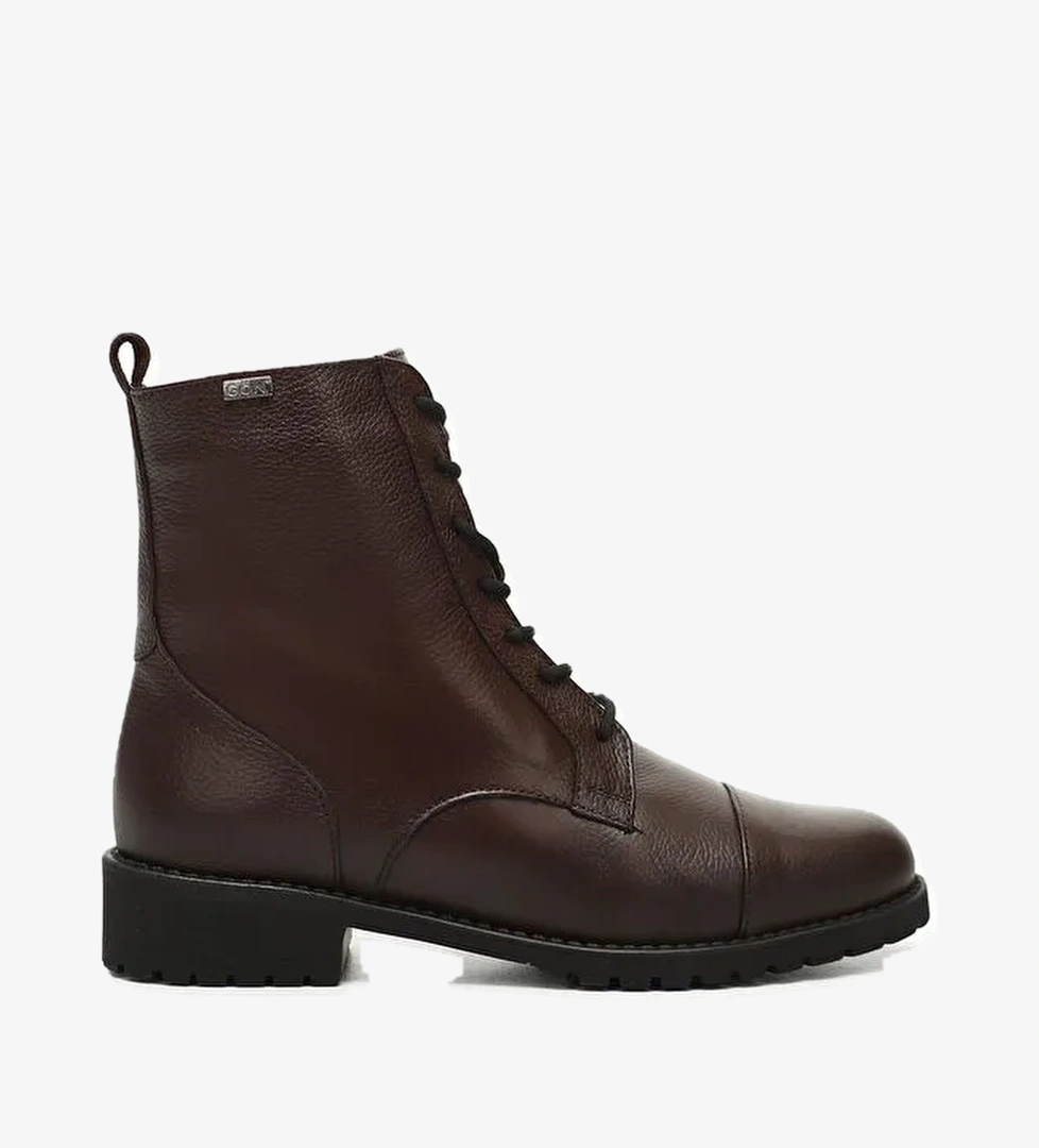 KOYU BORDO Hakiki Deri Kauçuk Taban Topuklu Fermuarlı Bağcıklı Kadın Postal Bot 46498