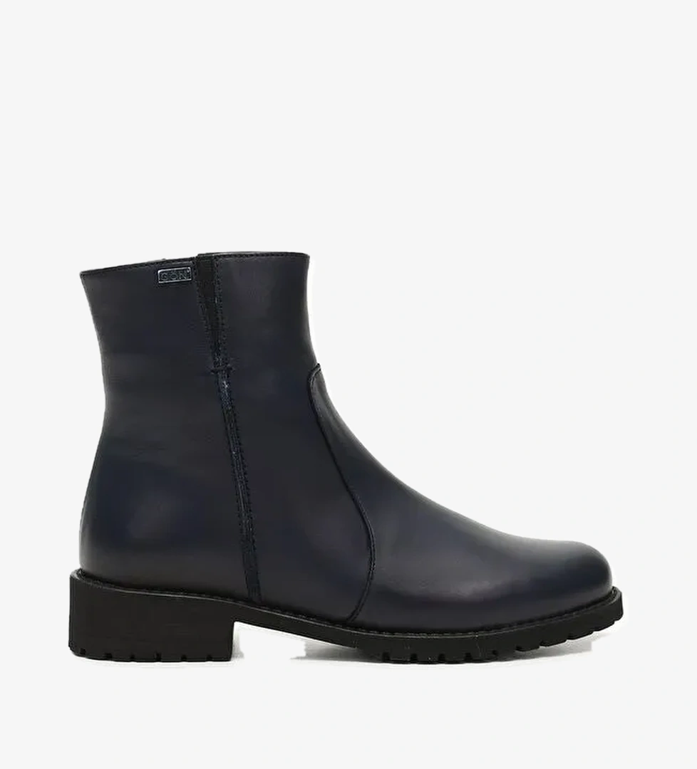 KOYU LACİVERT Hakiki Deri Yuvarlak Burun Topuklu Kauçuk Taban Fermuarlı Kadın Günlük Bot 47408