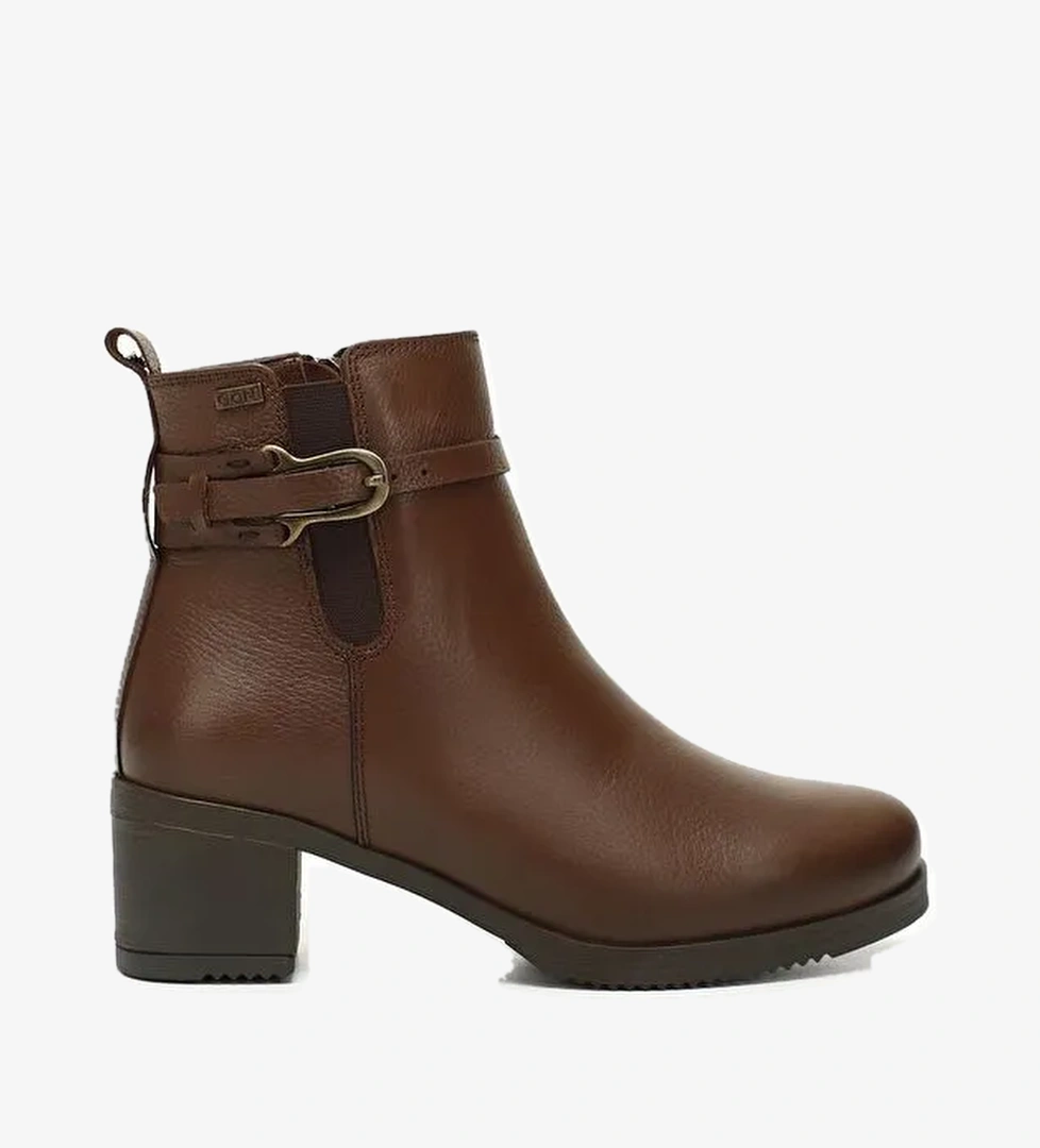 KIZIL KAHVERENGİ Hakiki Deri Yuvarlak Burun Kauçuk Taban Topuklu Fermuarlı Tokalı Kadın Bot 51464