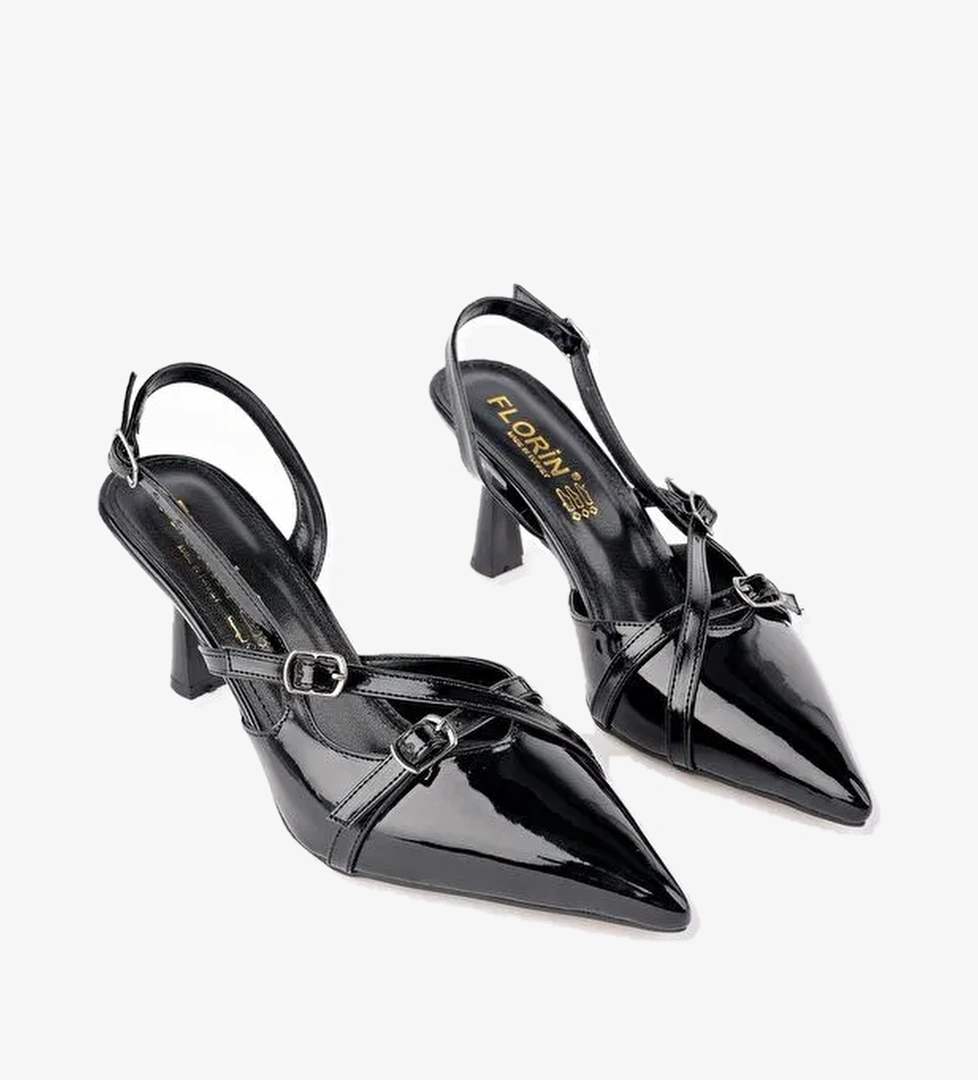 MİCHELLE Arkası Açık Kemer Detaylı İki Bantlı Rugan Kadın Topuklu Ayakkabı