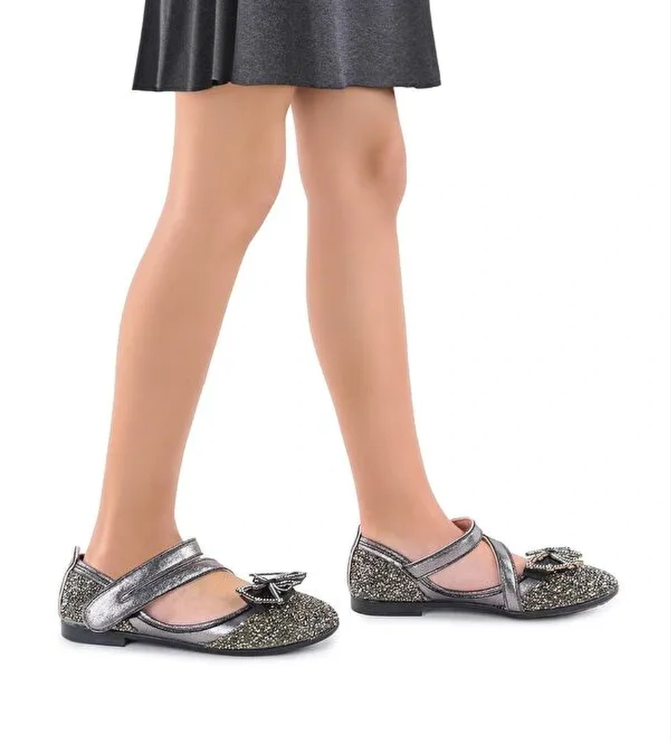 Maena Vakko Cırtlı Fiyonklu Kız Çocuk Babet Ayakkabı - Görsel 1