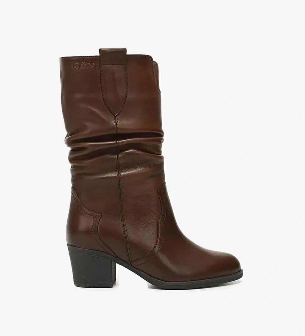 KOYU KAHVE Hakiki Deri Topuklu Körüklü Kadın Günlük Çizme 47531