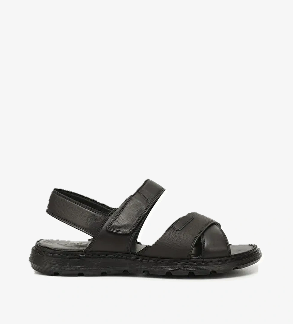 Siyah Hakiki Deri Erkek Sandalet 42429 - Görsel 1