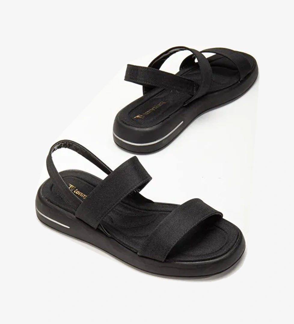 Kadın Siyah Keten Rahat Kalıp Poli Taban Çift Bantlı Sandalet
