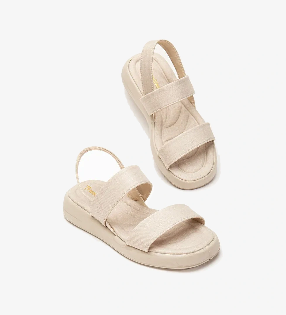 Kadın Vizon Keten Rahat Kalıp Poli Taban Çift Bantlı Sandalet