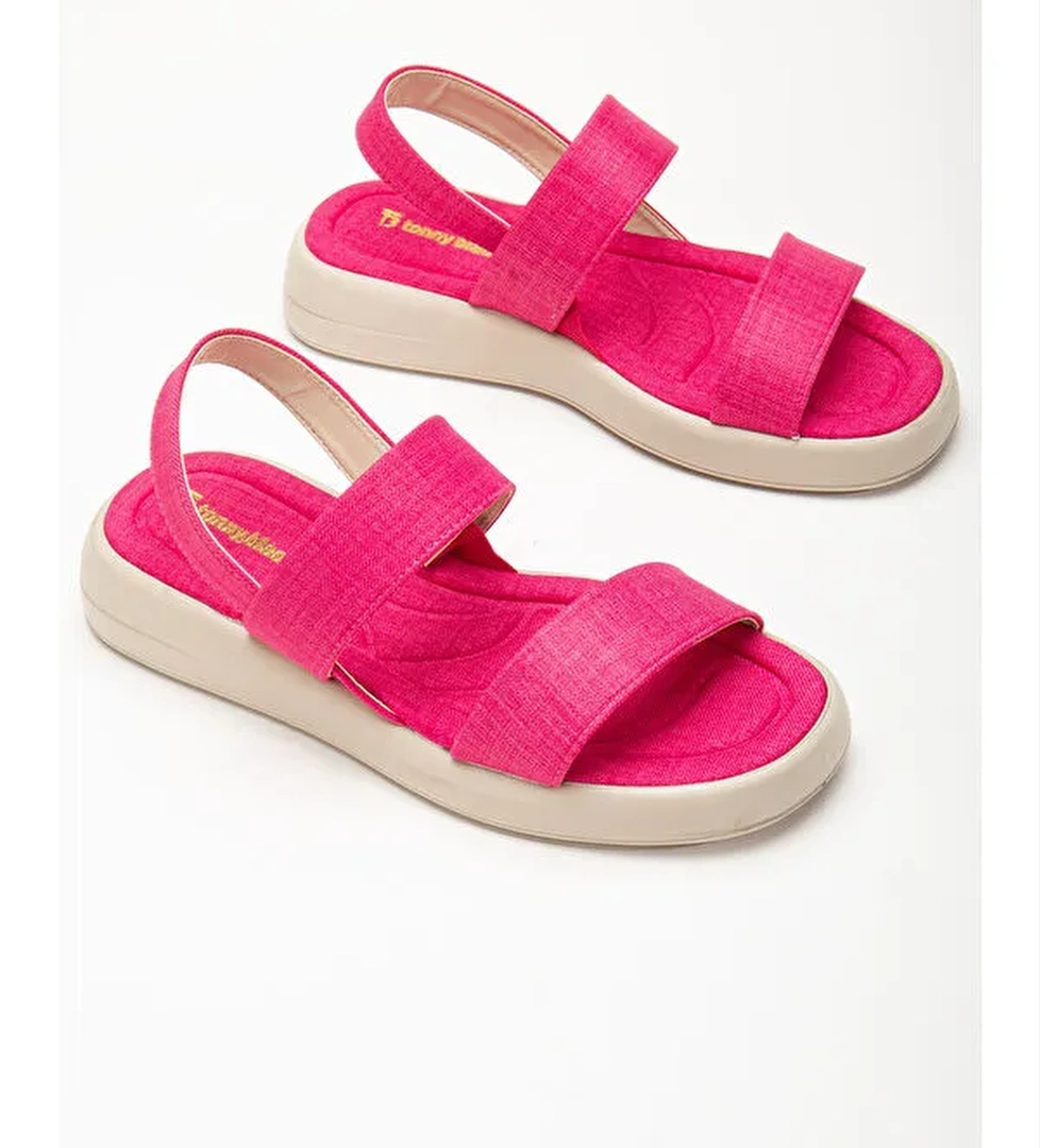 Kadın Fuşya Keten Rahat Kalıp Poli Taban Çift Bantlı Sandalet - Görsel 1