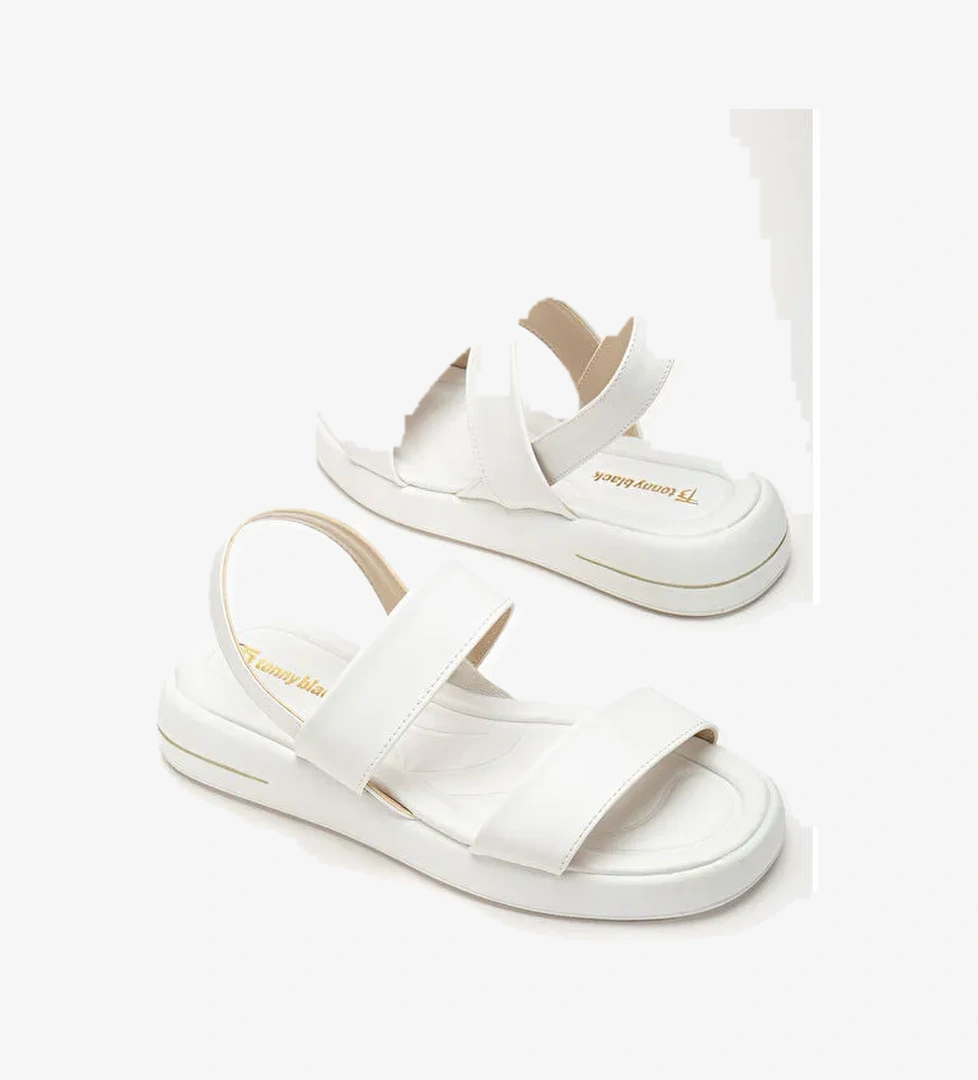 Kadın Beyaz Cilt Rahat Kalıp Poli Taban Çift Bantlı Sandalet