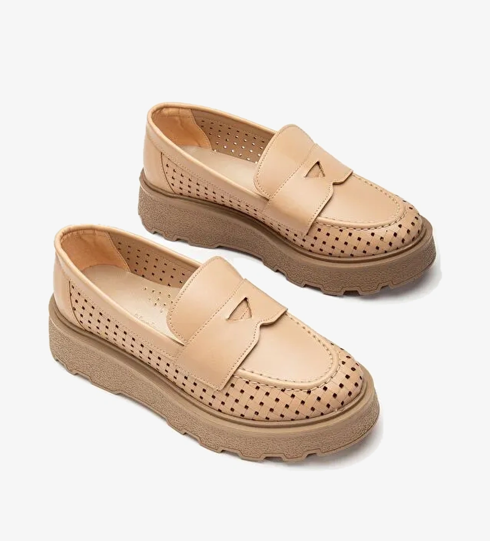 Kadın Nude Rahat Kalıp Yanı Şerit Detaylı Kalın Poli Taban Loafer