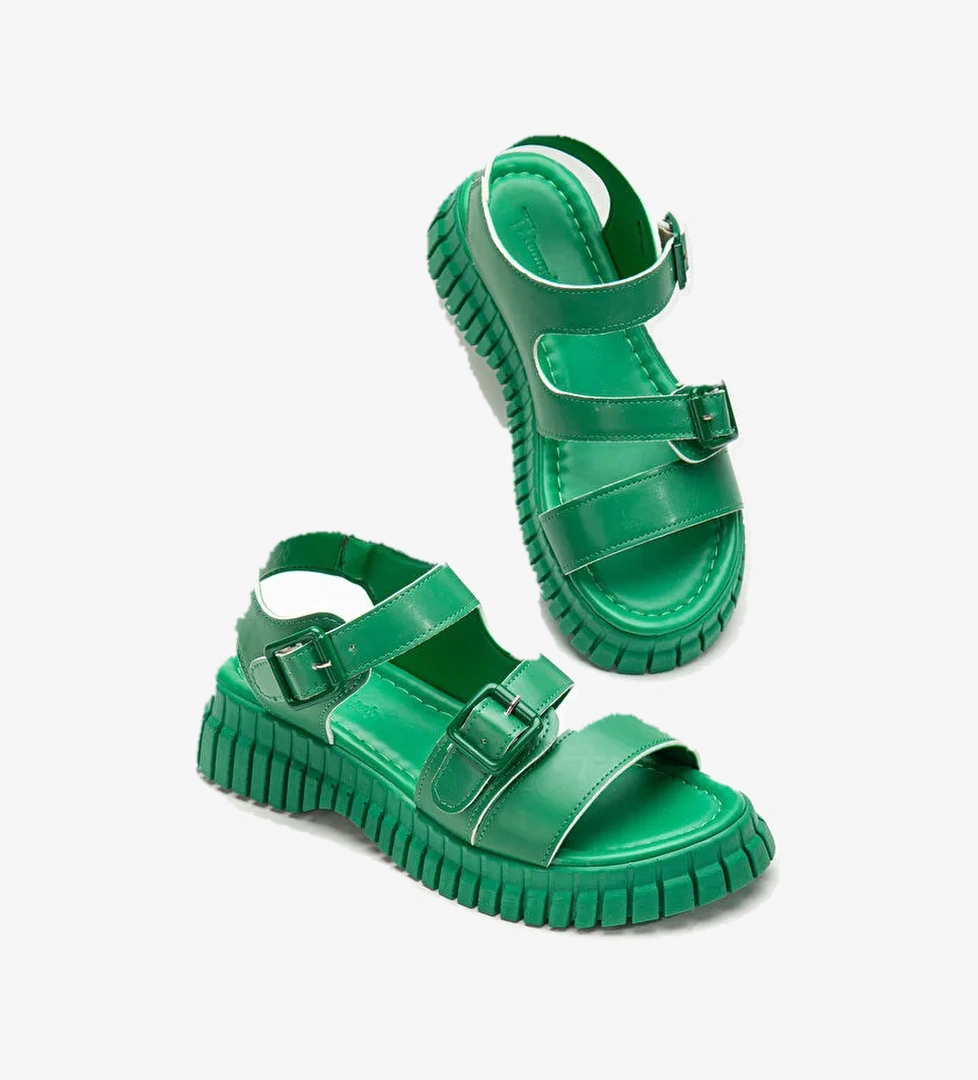 Kadın Yeşil Kalın Poli Taban Çift Tokalı Tek Bantlı Sandalet - Görsel 1