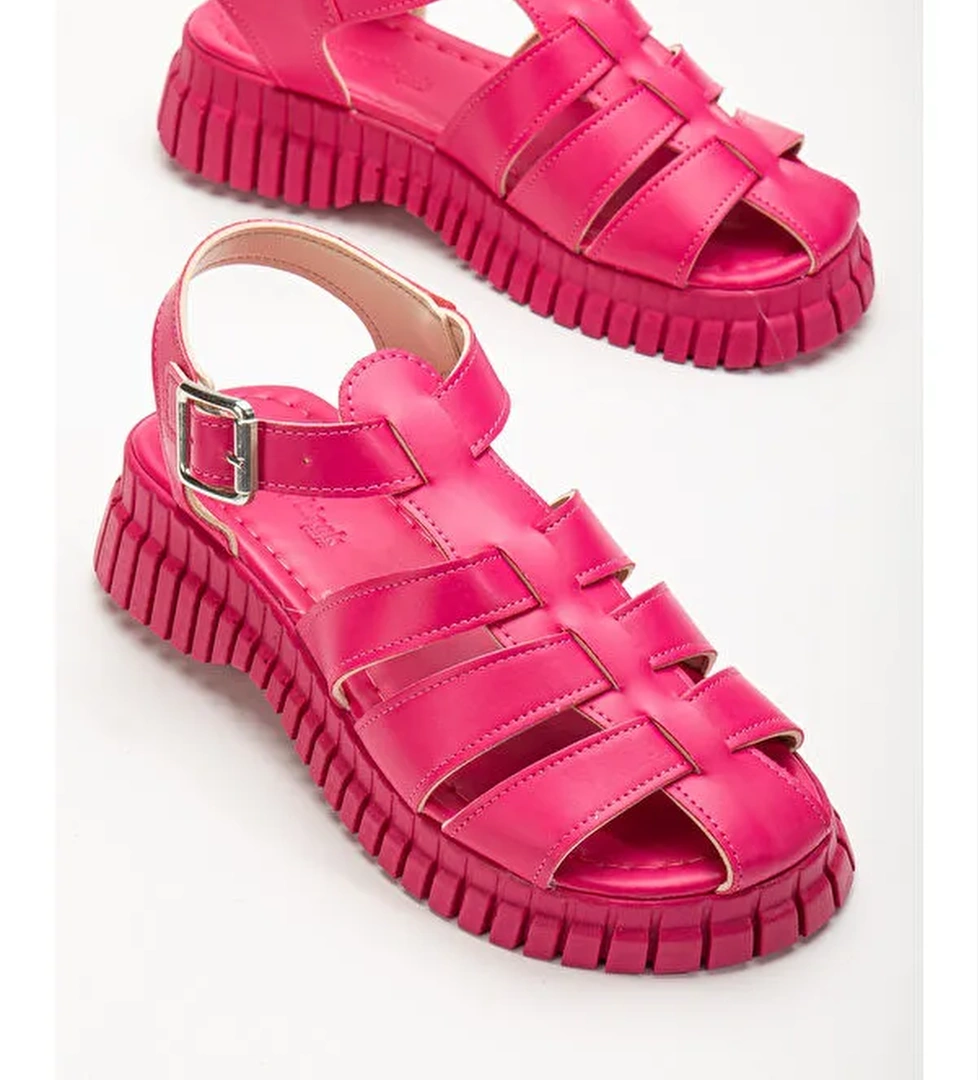 Kadın Fuşya Kalın Poli Taban Bilekten Bağlamalı Üç Bantlı Sandalet - Görsel 1