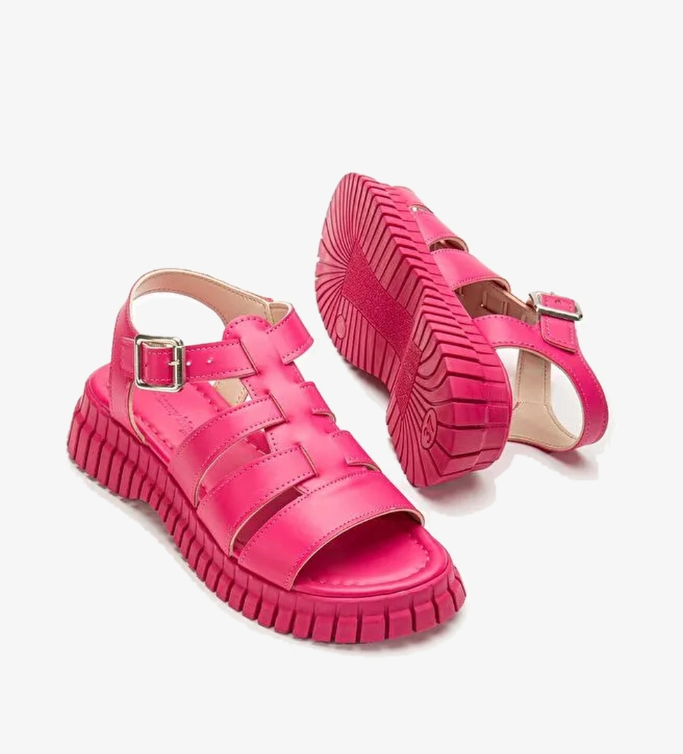 Kadın Fuşya Bilekten Bağlamalı Üç Bantlı Poli Yüksek Taban Sandalet - Görsel 1