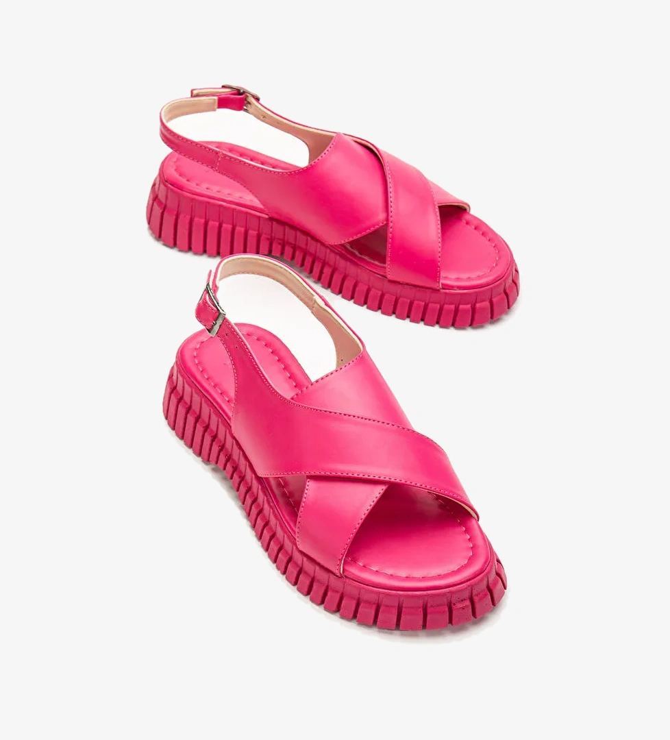Kadın Fuşya Kalın Poli Taban Bilekten Bağlamalı Çapraz Bantlı Sandalet - Görsel 1