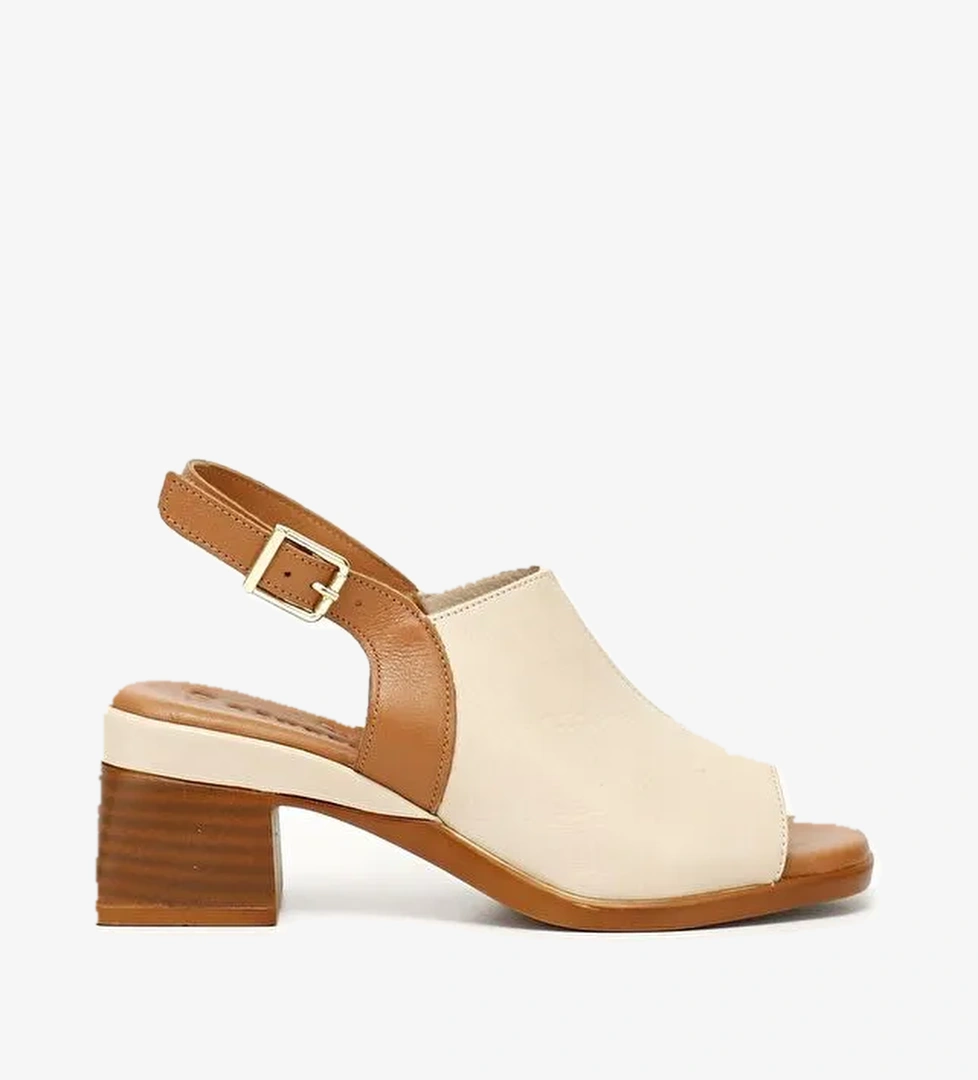 AÇIK BEJ Hakiki Deri Kısa Kalın Topuklu Kadın Sandalet 45406 - Görsel 1