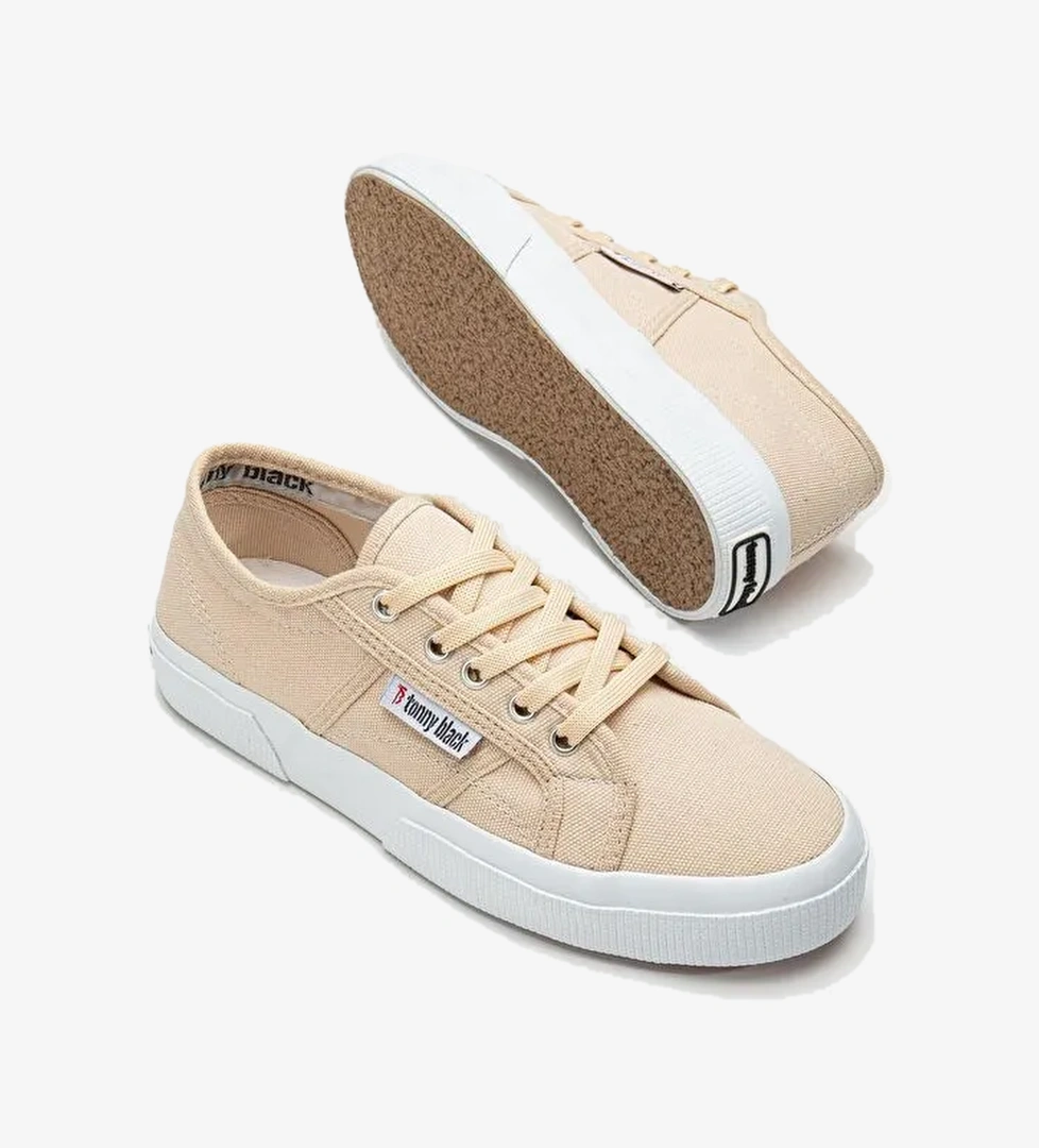 Kadın Bej Rahat Kalıp Krep Taban Bağcıklı Keten Günlük Ayakkabı - Görsel 1