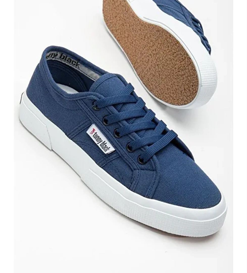 Kadın Jean Mavi Rahat Kalıp Krep Taban Bağcıklı Keten Günlük Ayakkabı