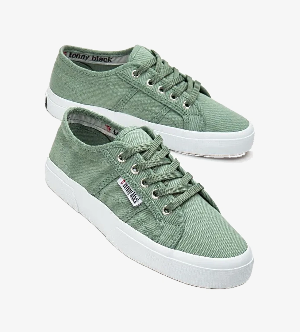 Kadın Yeşil Rahat Kalıp Krep Taban Bağcıklı Keten Günlük Ayakkabı - Görsel 1