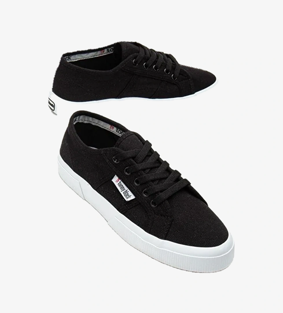 Kadın Siyah Rahat Kalıp Krep Taban Bağcıklı Keten Günlük Ayakkabı