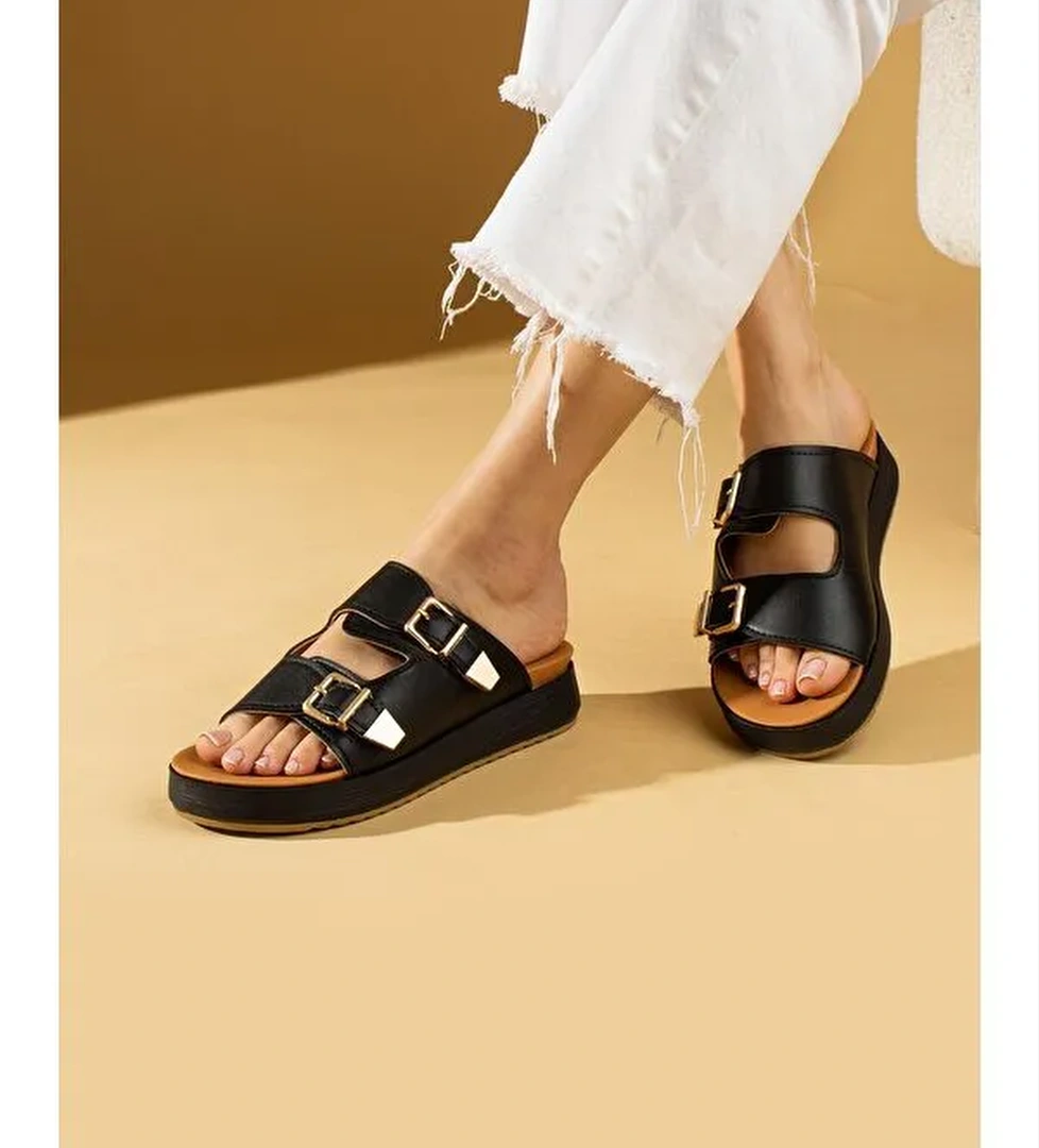 Çift Gold Tokalı Comfort Taban Kadın Terlik