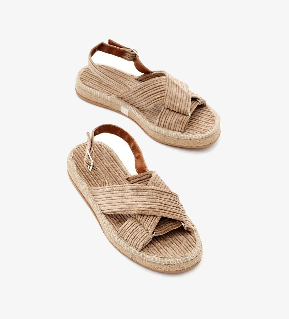 Kadın Vizon Çapraz Bantlı Bilekten Bağlamalı Hasır Triko Sandalet - Görsel 1