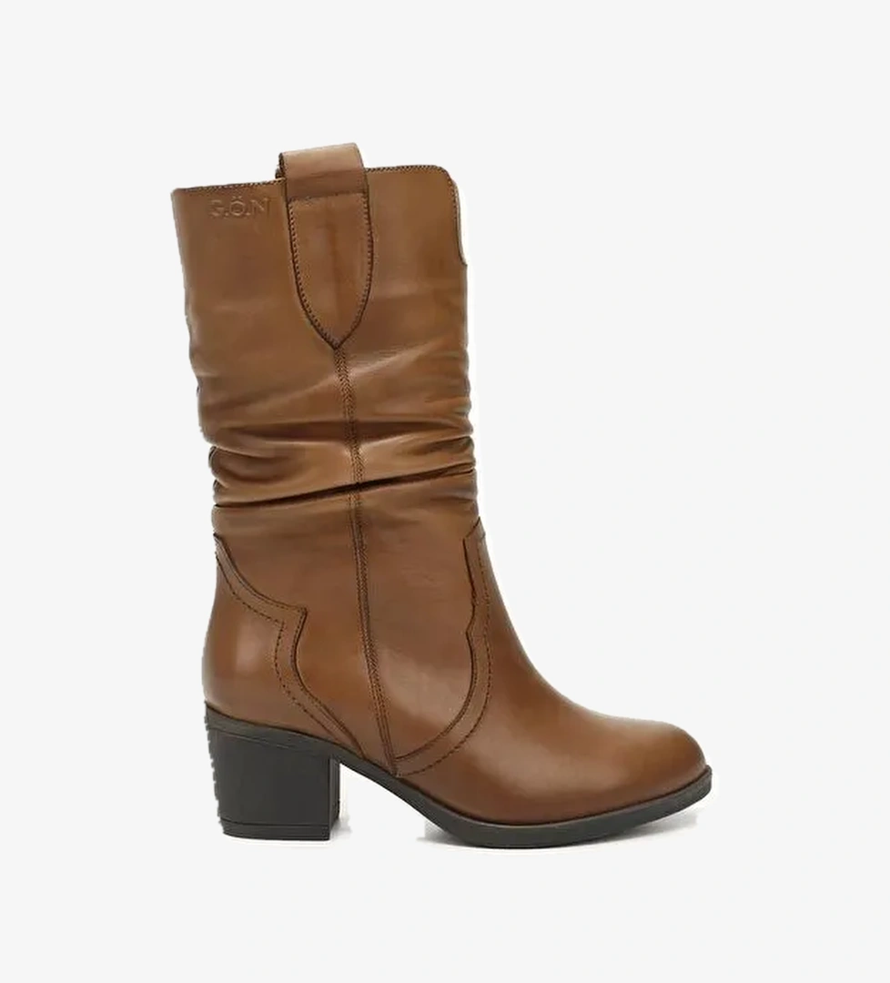 Gonderi(r) Kahverengi Gonderi(r) Hakiki Deri Topuklu Körüklü Kadın Çizme