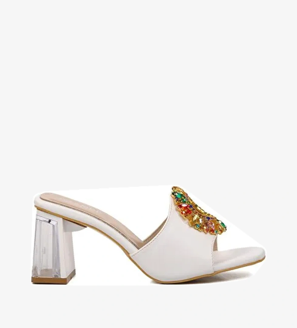 Beyaz Kadın Taşlı Topuklu Terlik 409128