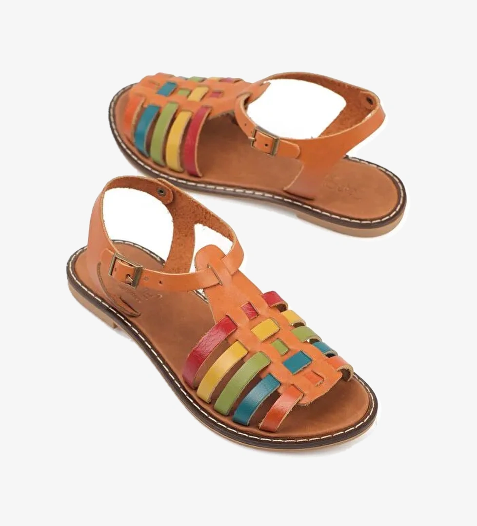 Yuvarlak Burunlu Gladyatör Bantlı Kadın Deri Sandalet - Görsel 1