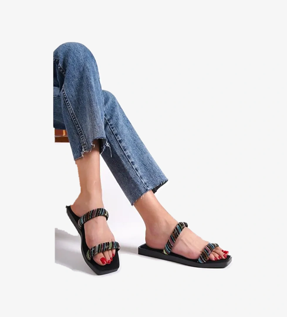 Küt Burunlu Taşlı Bantlı Düz Topuklu Kadın Terlik - Görsel 1