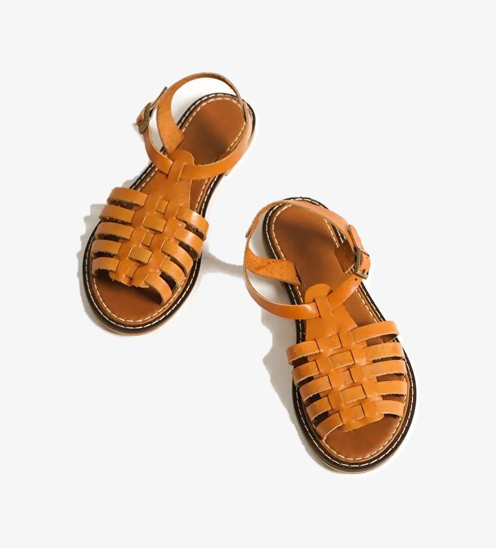 Yuvarlak Burunlu Gladyatör Bantlı Kadın Deri Sandalet - Görsel 1