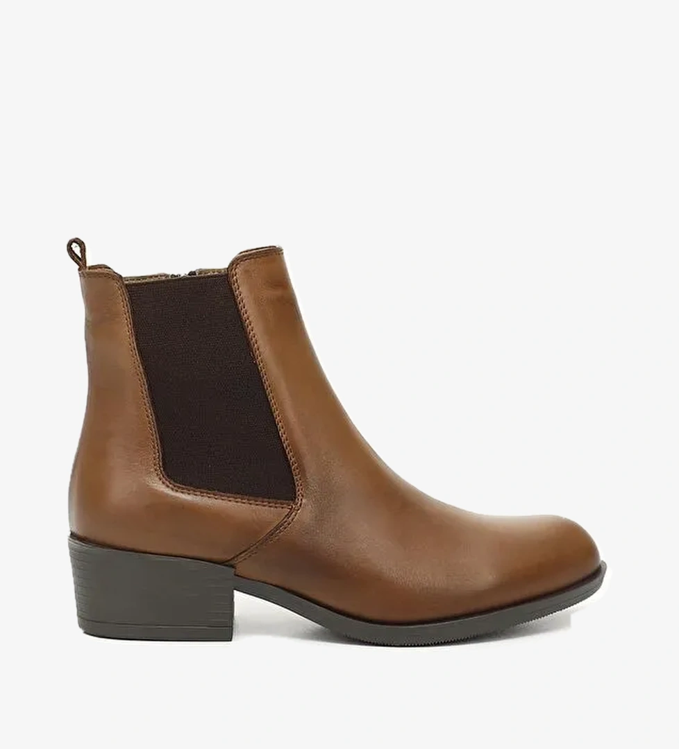 Gonderi(r) Kahverengi Gonderi(r) Hakiki Deri Kauçuk Taban Topuklu Lastikli Kadın Chelsea Bot 52488