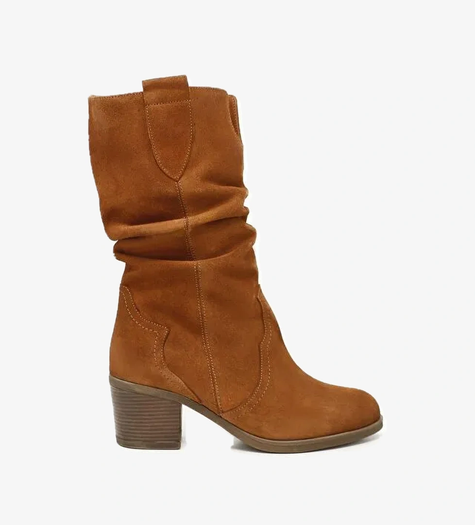 TABA KAHVE MEL. Hakiki Deri Topuklu Körüklü Kadın Günlük Çizme 47531