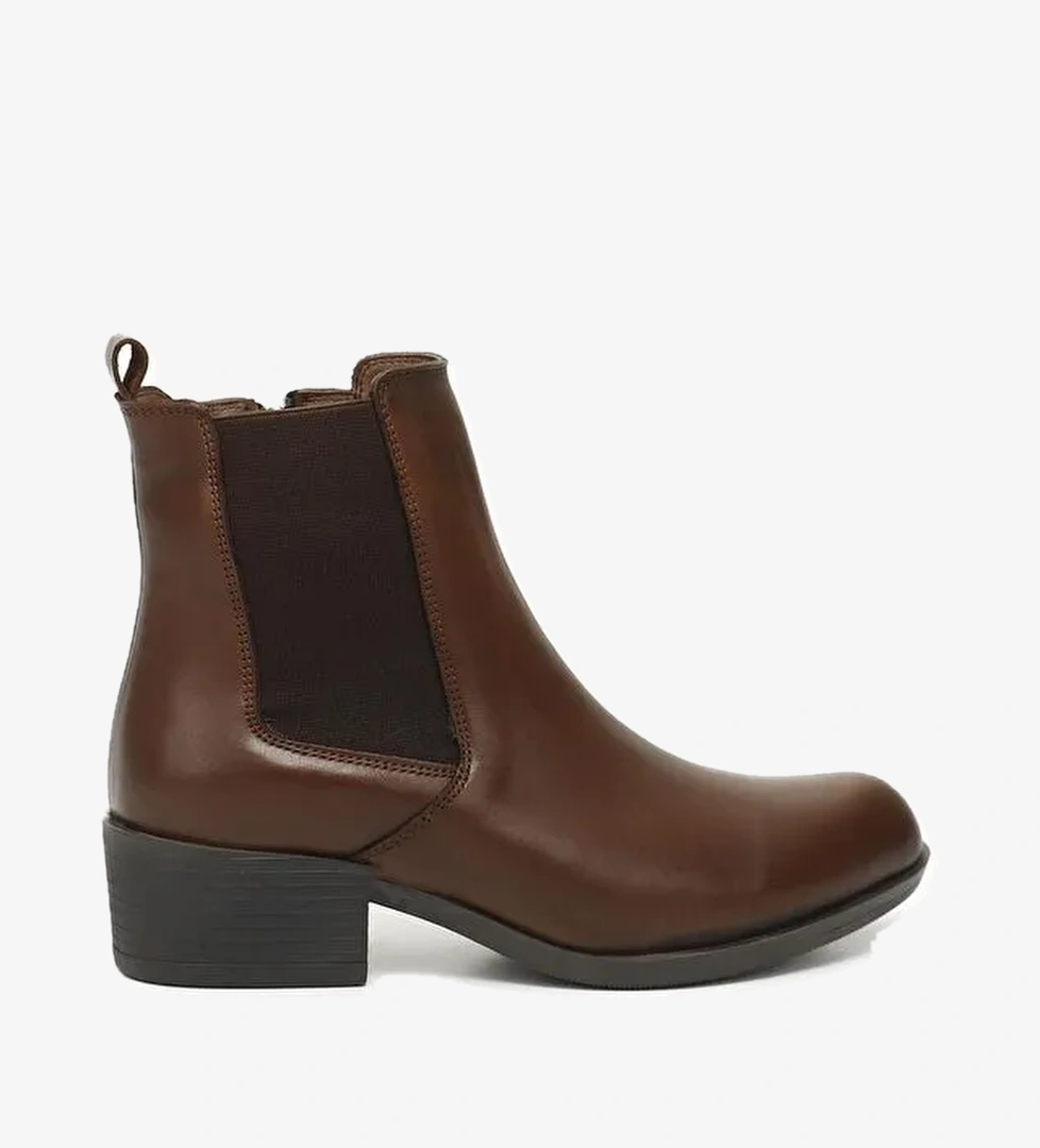 KAHVE MELANJ Hakiki Deri Kauçuk Taban Topuklu Lastikli Kadın Chelsea Bot 52488