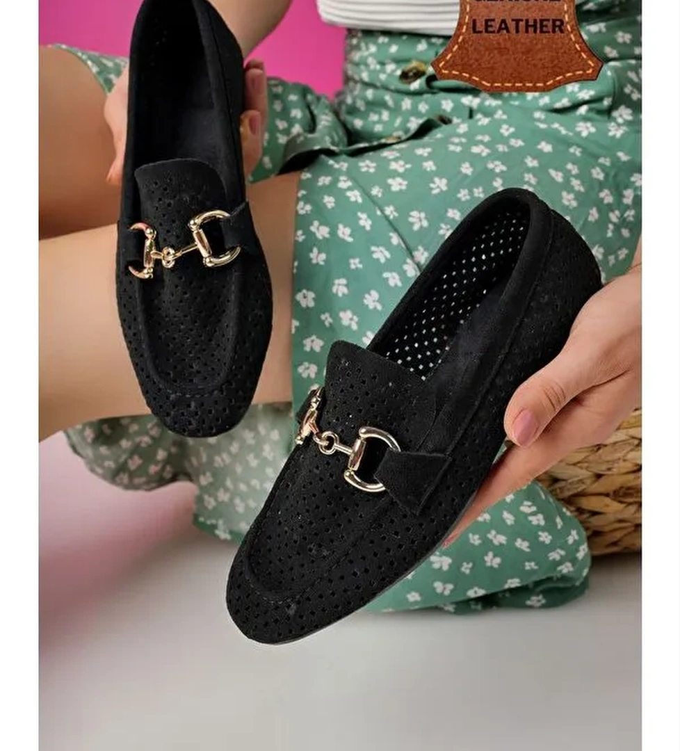 PHUKET Metal Tokalı Lazerli Nefes Alabilen Deri Kadın Loafer Günlük Ayakkabı - Görsel 1