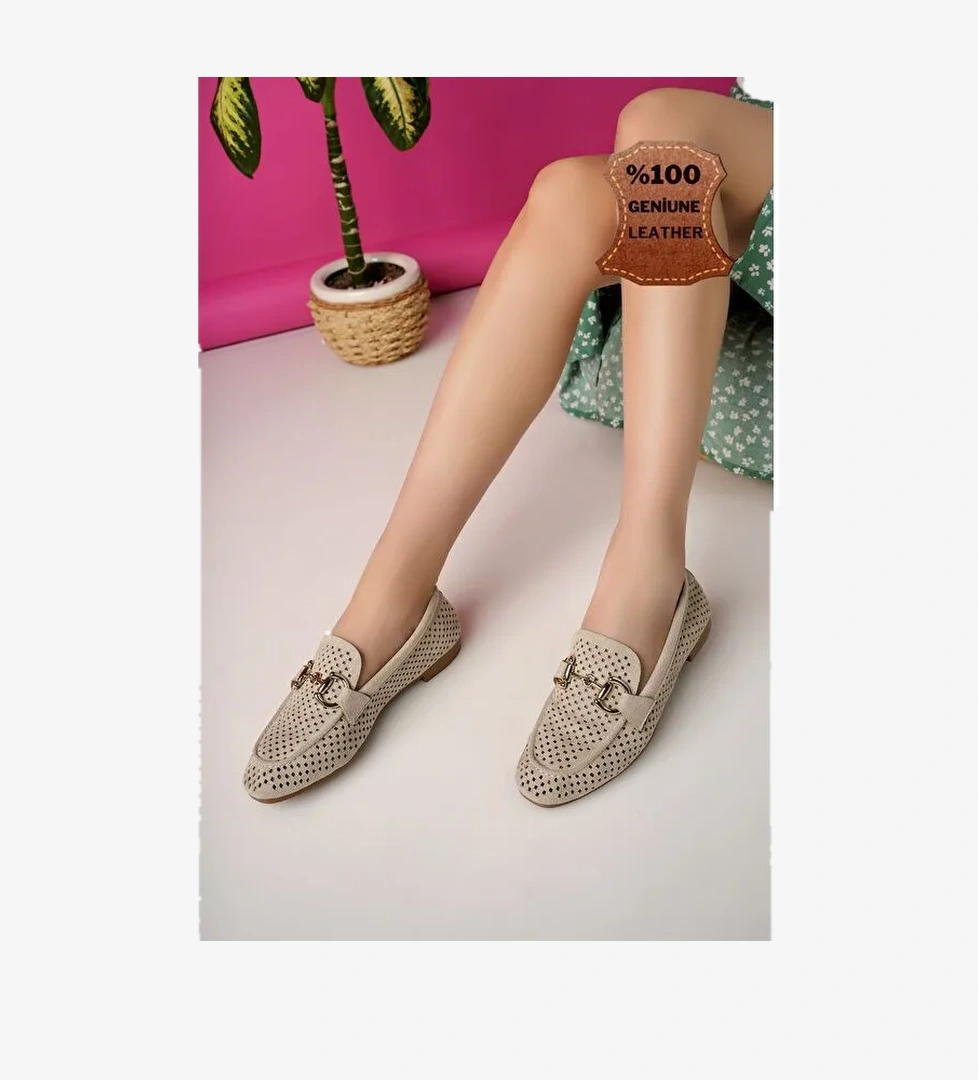 PHUKET Metal Tokalı Lazerli Nefes Alabilen Deri Kadın Loafer Günlük Ayakkabı