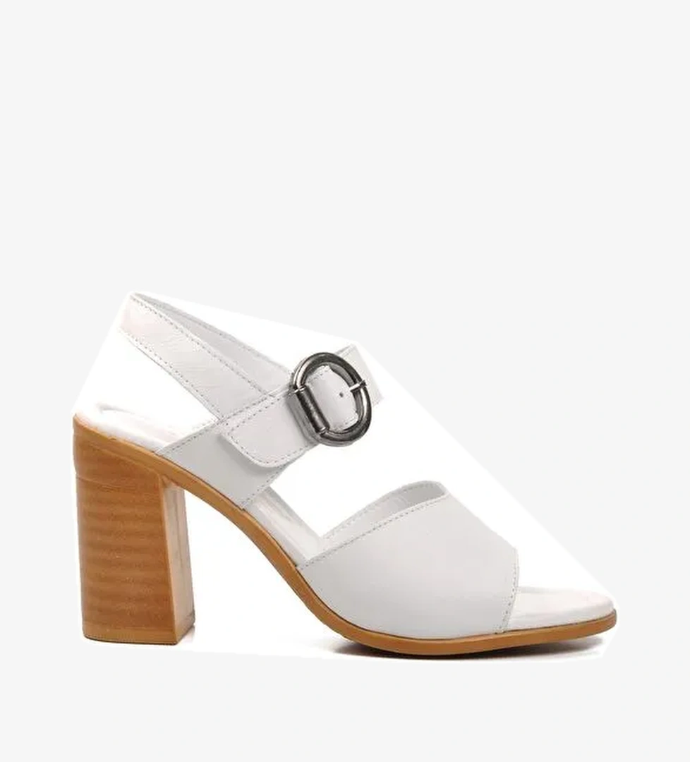 Beyaz Hakiki Deri Kadın Topuklu Sandalet 9750