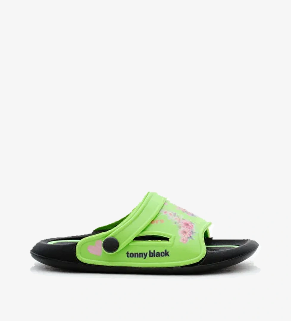 Kız Çocuk Yeşil Poli Taban Çiçek Desenli Terlik