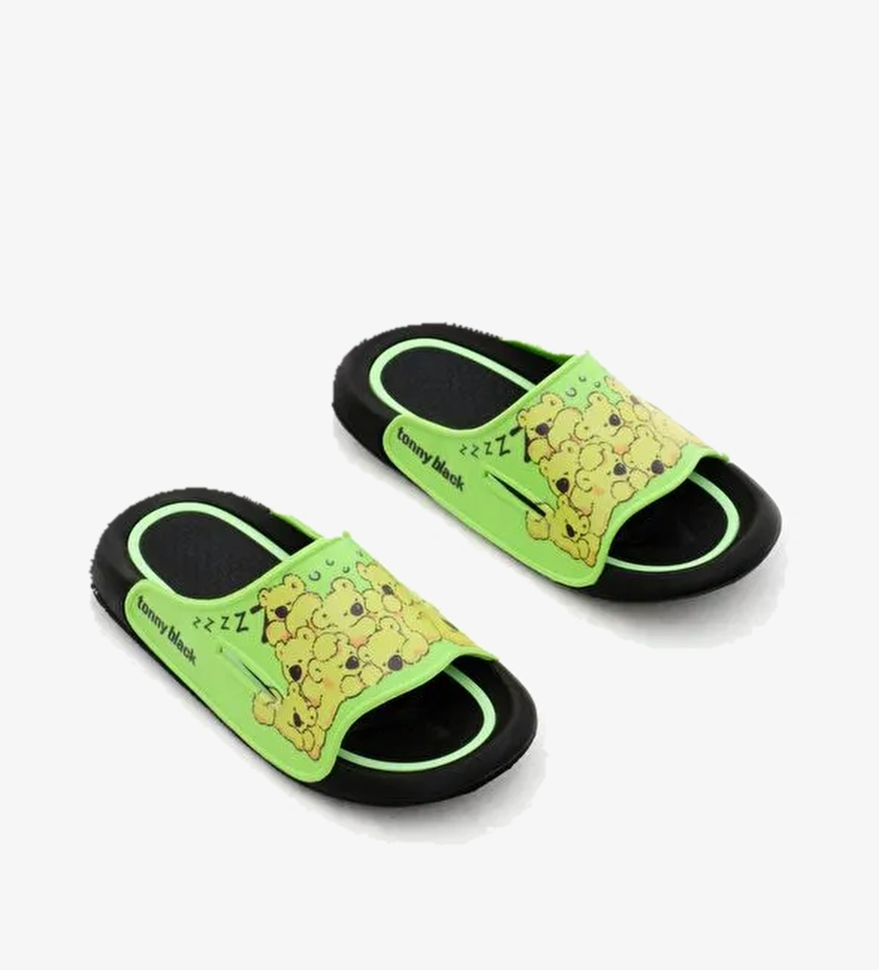 Çocuk Unisex Yeşil Ayıcık Desenli Poli Taban Terlik - Görsel 1
