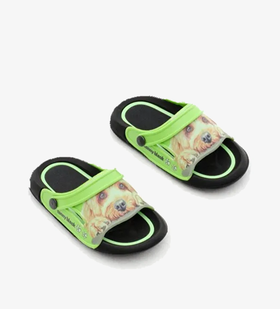 Erkek Çocuk Yeşil Köpek Desenli Poli Taban Terlik - Görsel 1